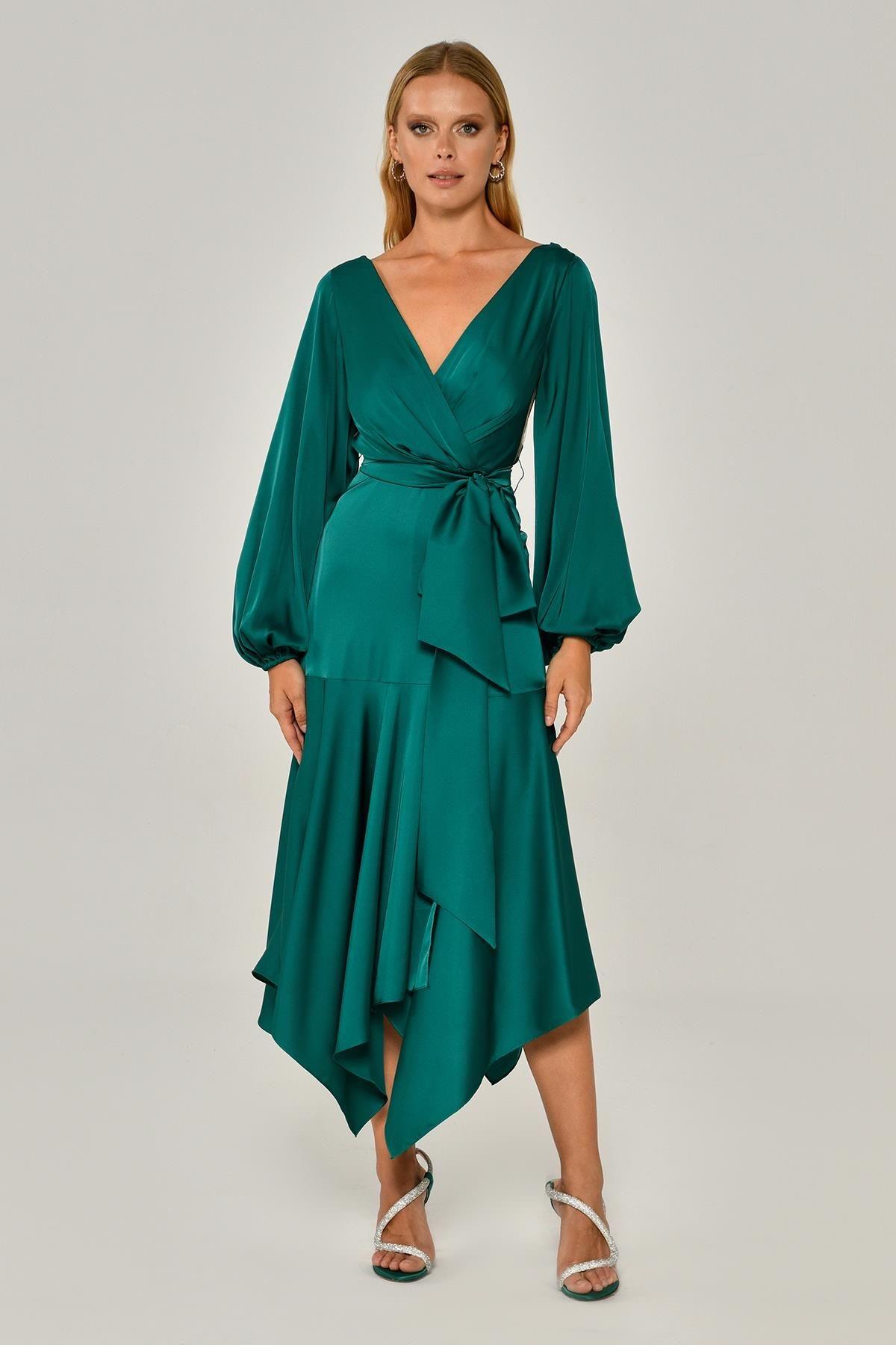 HANZADE ALTAYLIUzun Kol V Yaka Midi Elbise