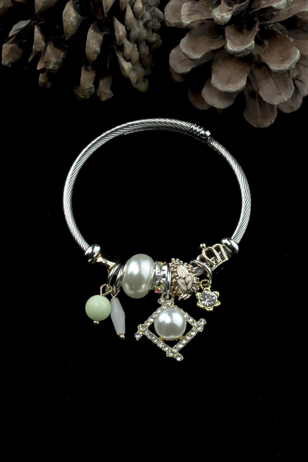 Kararmaz Çelik Pandora Model Bileklik Yaprak & İnci Charm 5226