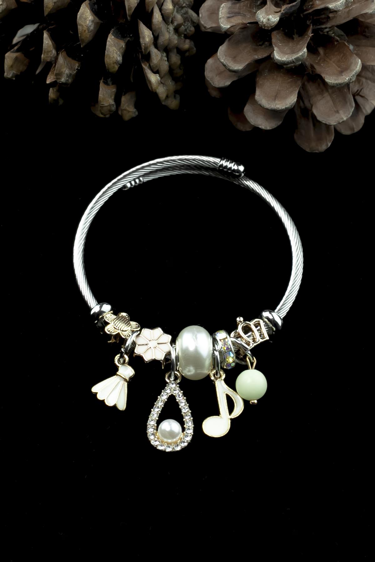 Kararmaz Çelik Pandora Model Bileklik İnci & Nota Charm 5223