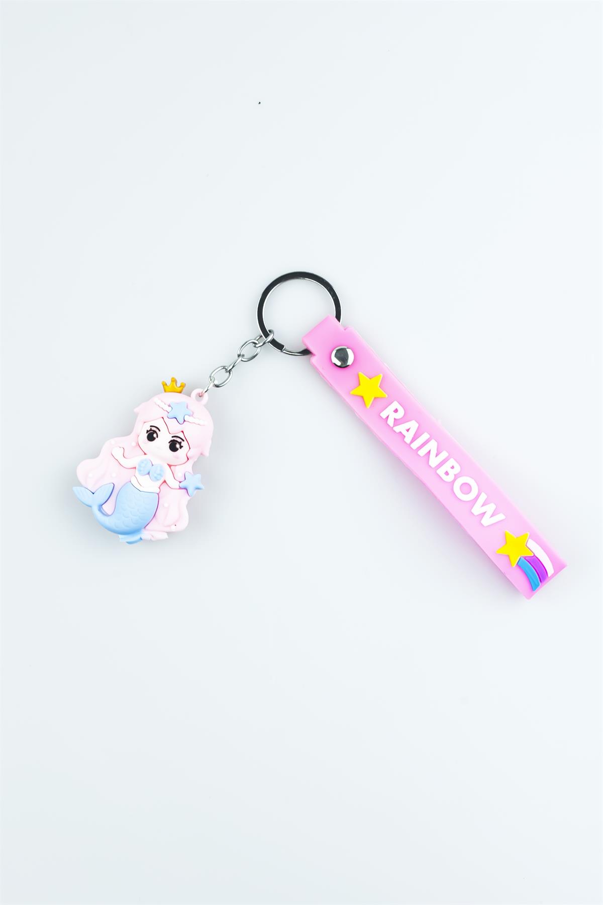 Pembe Rainbow Baskılı Prenses Figürlü Silikon Anahtarlık 4220