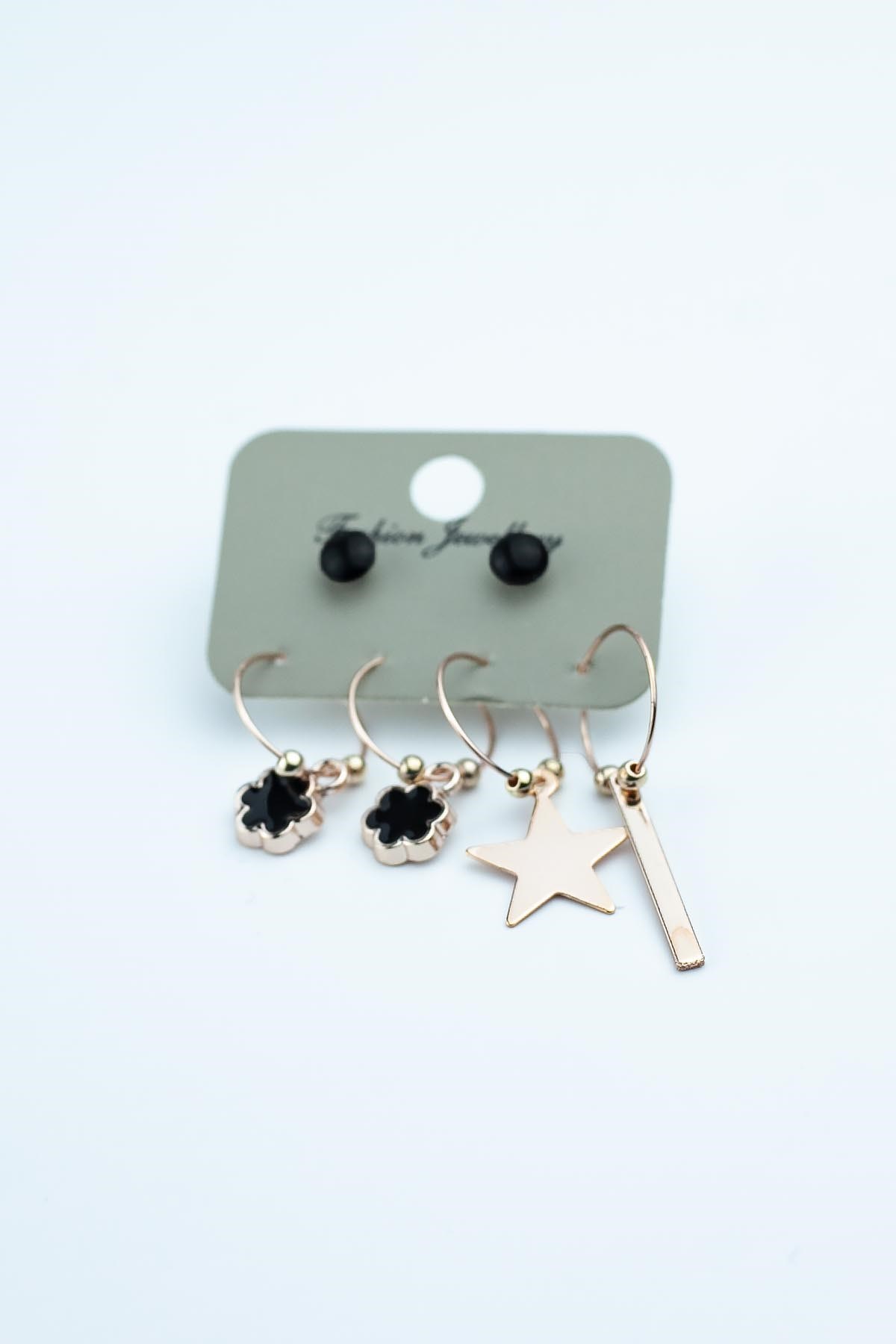 SİYAH HALKA YONCA MODEL TAŞLI ÇOKLU KADIN KÜPE