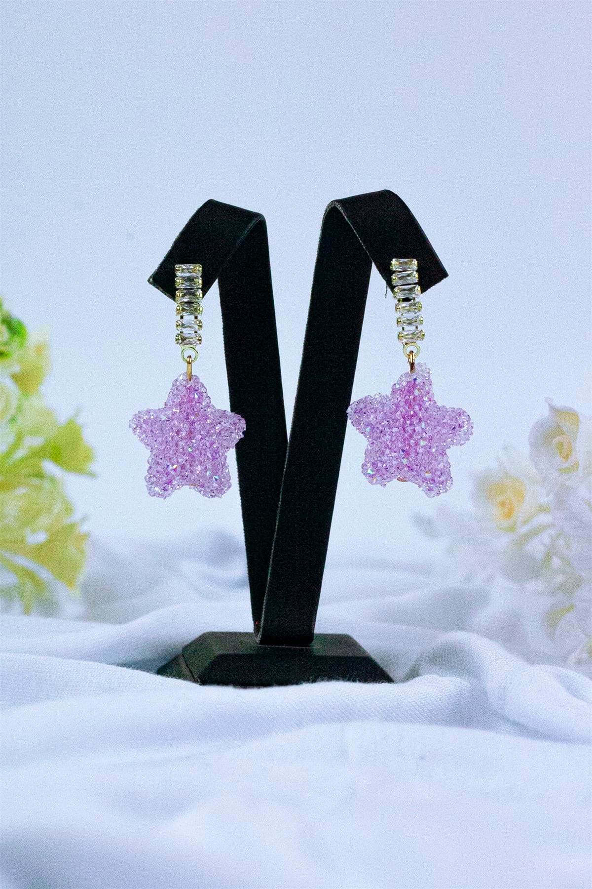 Su Yolu Taşlı Altı Pembe Yıldız Modern Küpe
