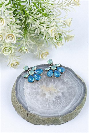 Mavi Kristal Taşlı Çiçek Tasarım Küpe