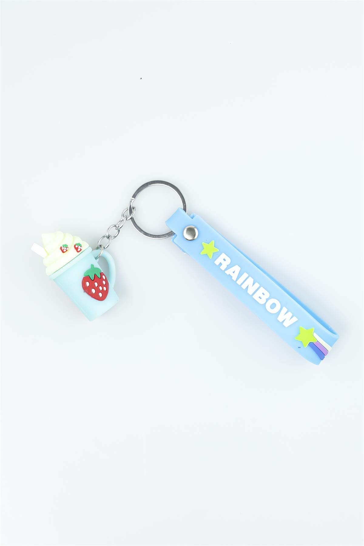 Açık Mavi Rainbow Baskılı Çilekli Bardak Figürlü Silikon Anahtarlık 4210