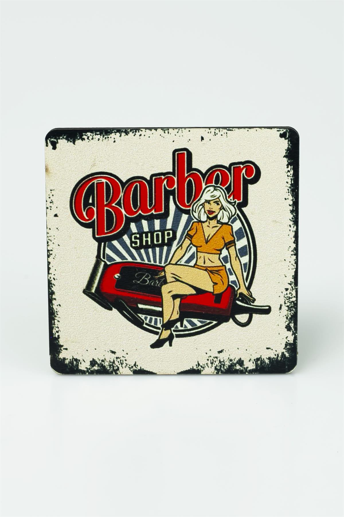 Barber Shop Baskılı Ahşap Bardak Altlığı 3398