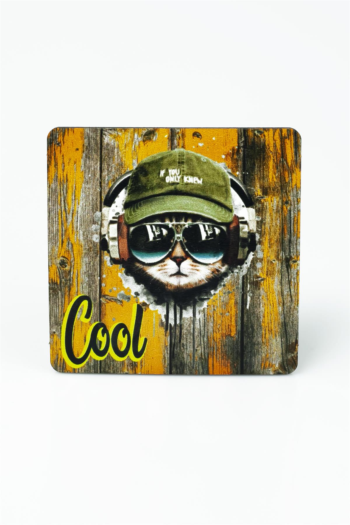 Cool Kedi Baskılı Ahşap Bardak Altlığı 3351
