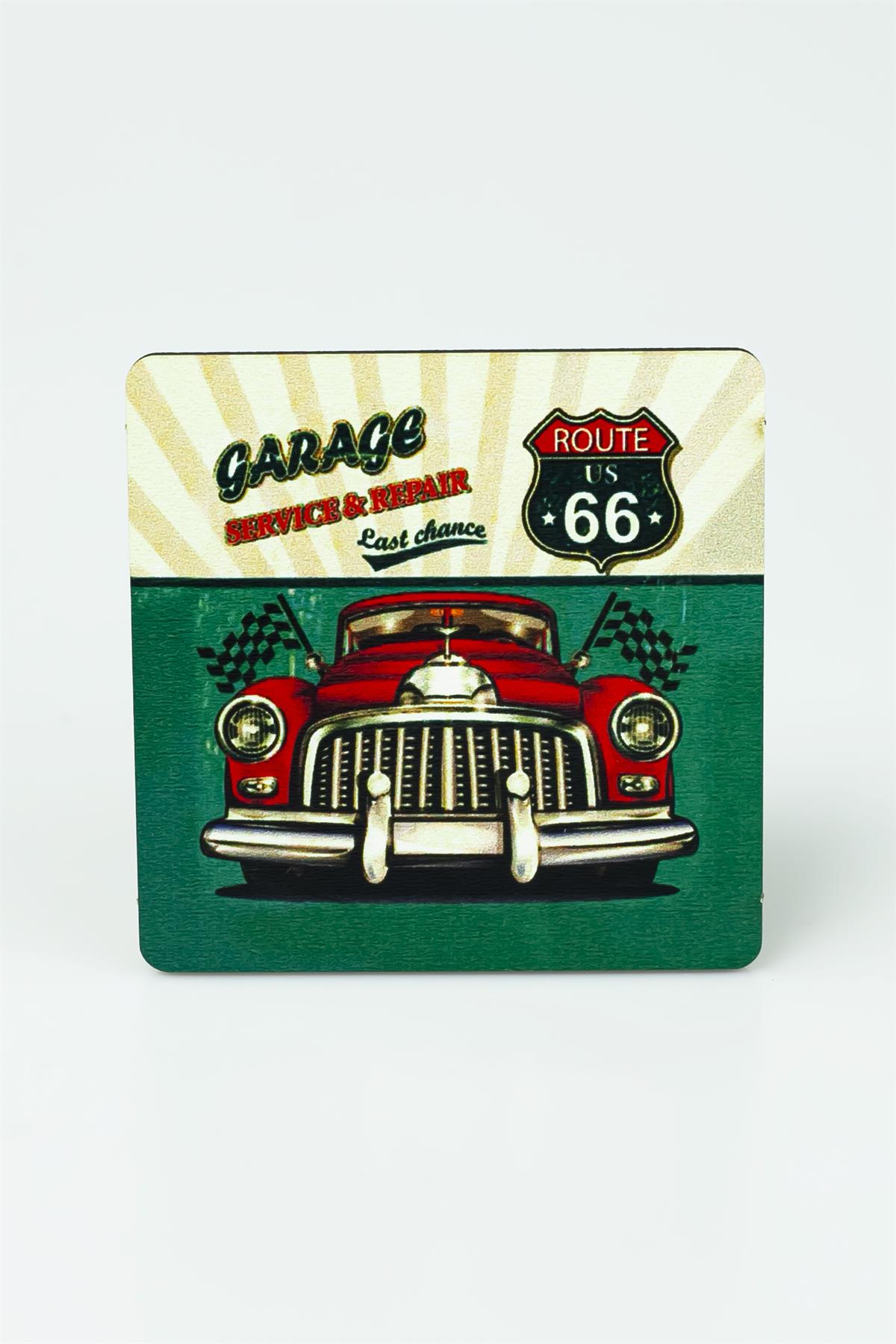 Garage Route 66 Baskılı Ahşap Bardak Altlığı 3391