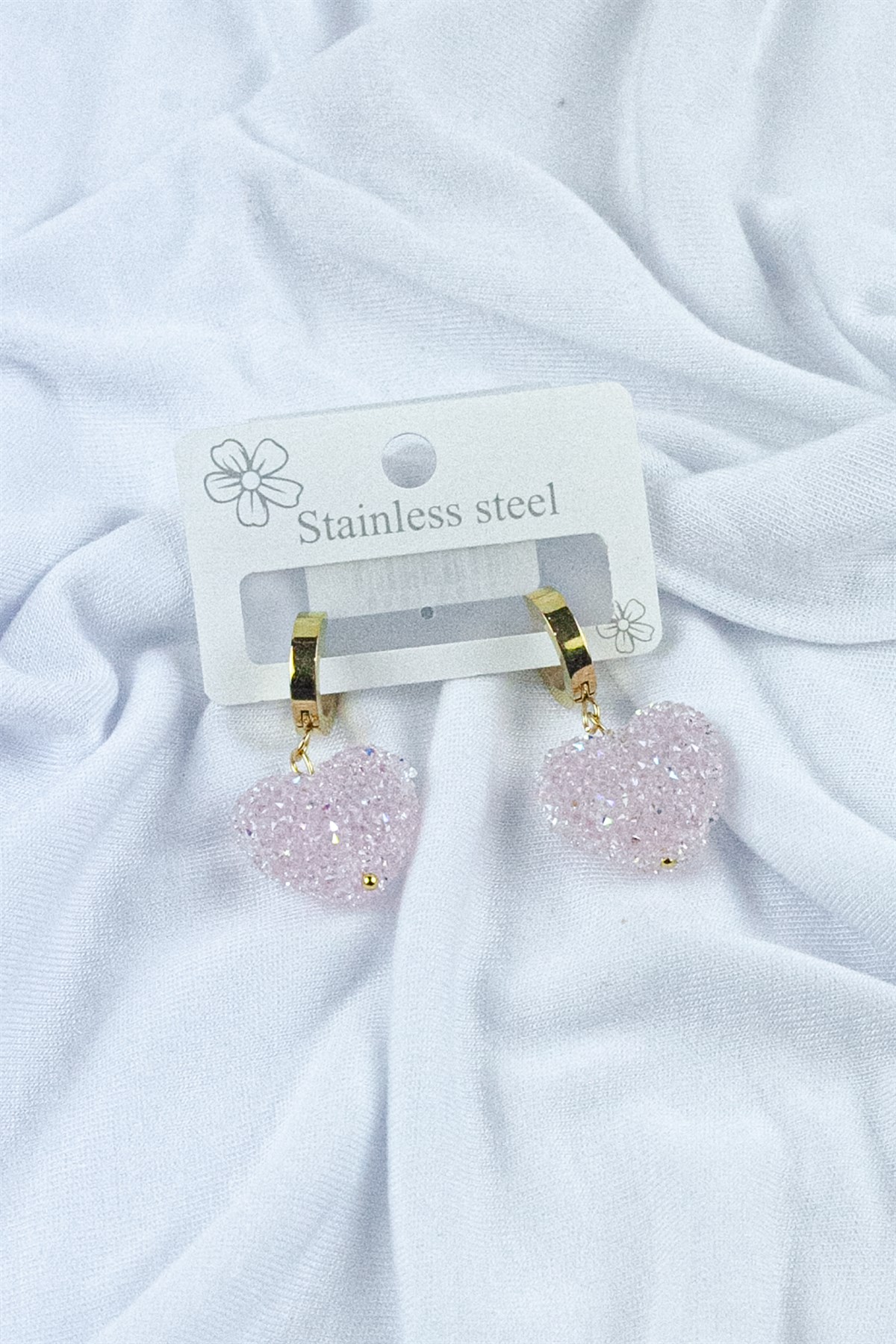 Kalp Model Pembe Parlak Taşlı Çelik Küpe