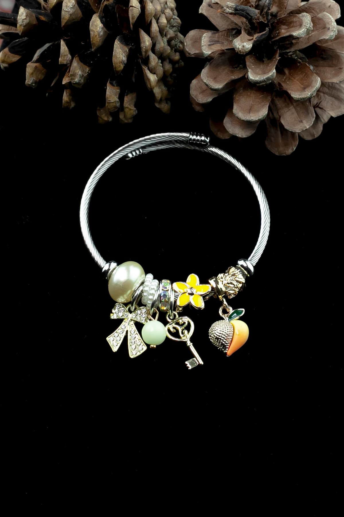 Kararmaz Çelik Pandora Model Bileklik Anahtar Meyve Charm 5217