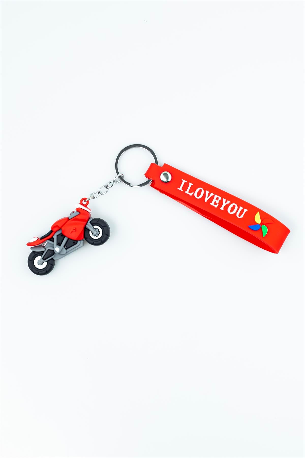 Kırmızı I Love You Baskılı Motosiklet Figürlü Silikon Anahtarlık 4222