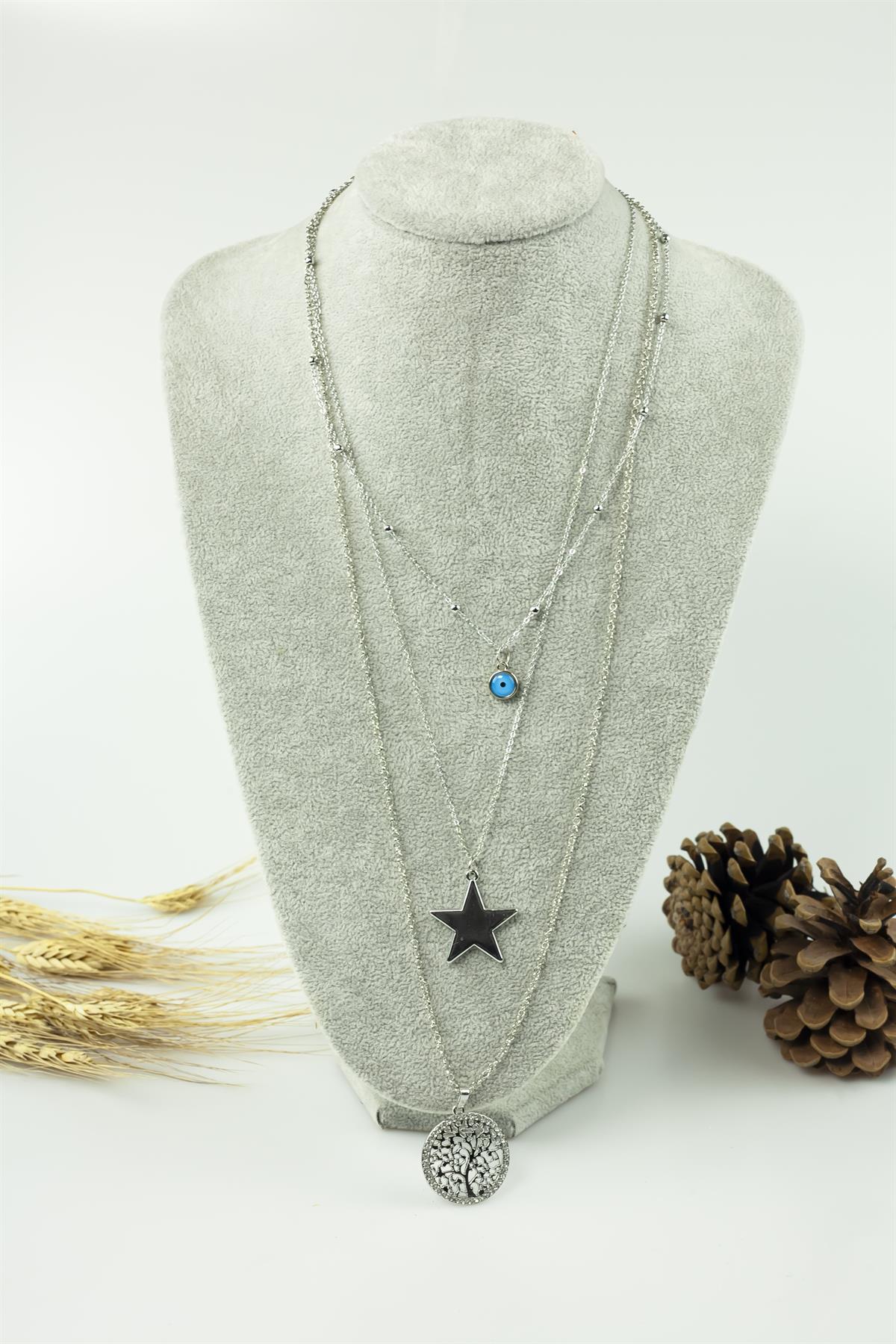 Mavi Boncuklu Zarif Gümüş Renk Kolye 2725