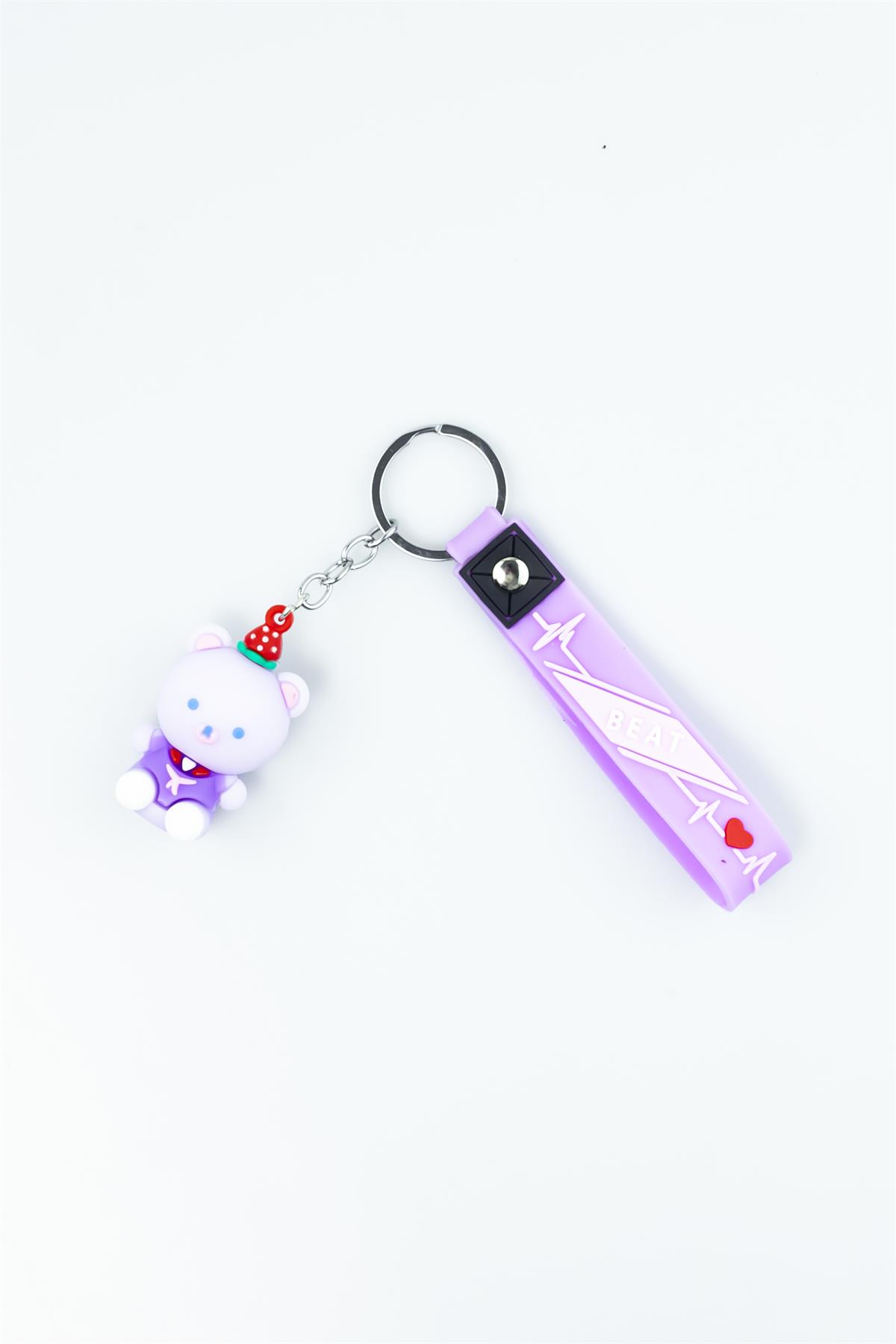 Pembe Beat Baskılı Sevimli Ayıcık Figürlü Silikon Anahtarlık 4198