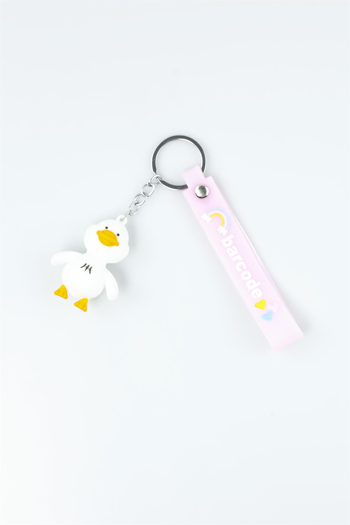 Pembe Renk Barcode Baskılı Ördek Figürlü Silikon Anahtarlık 4179