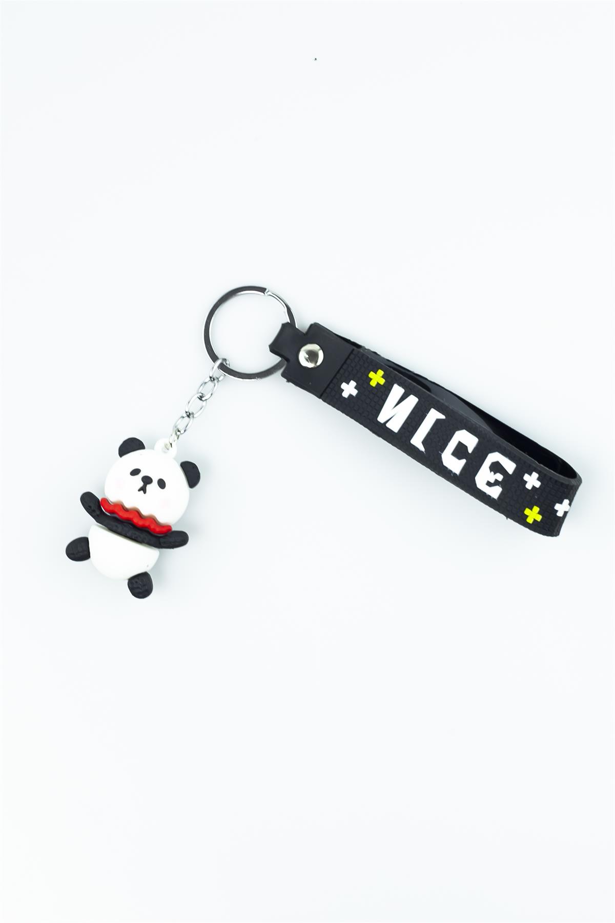 Siyah Nice Baskılı Panda Figürlü Silikon Anahtarlık 4211