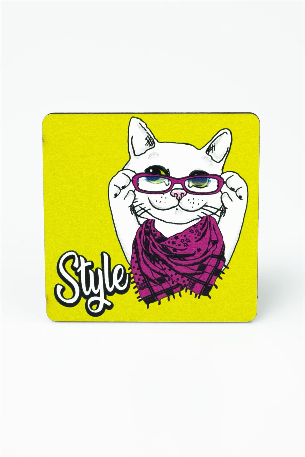 Style Kedi Baskılı Ahşap Bardak Altlığı 3355