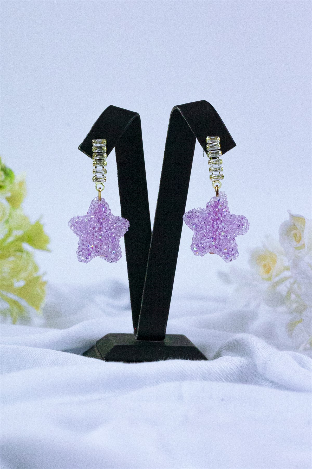 Su Yolu Taşlı Altı Pembe Yıldız Modern Küpe