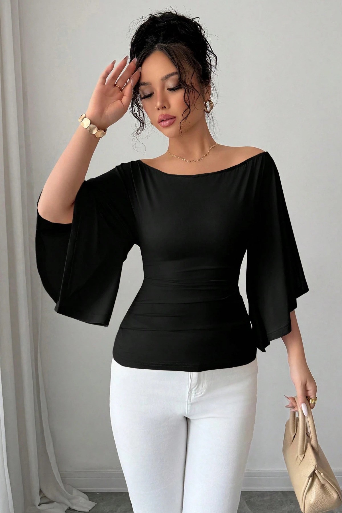 Kadın Kayık Yaka Flare Kol Drapeli Fit Bluz