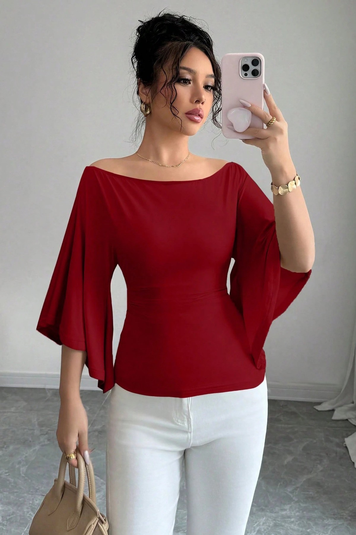 Kadın Kayık Yaka Flare Kol Drapeli Fit Bluz