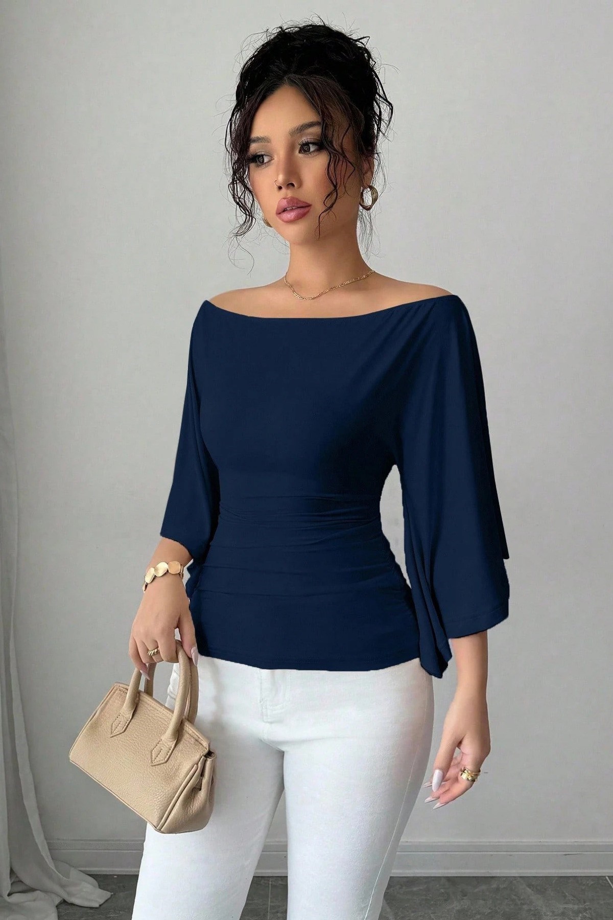 Kadın Kayık Yaka Flare Kol Drapeli Fit Bluz