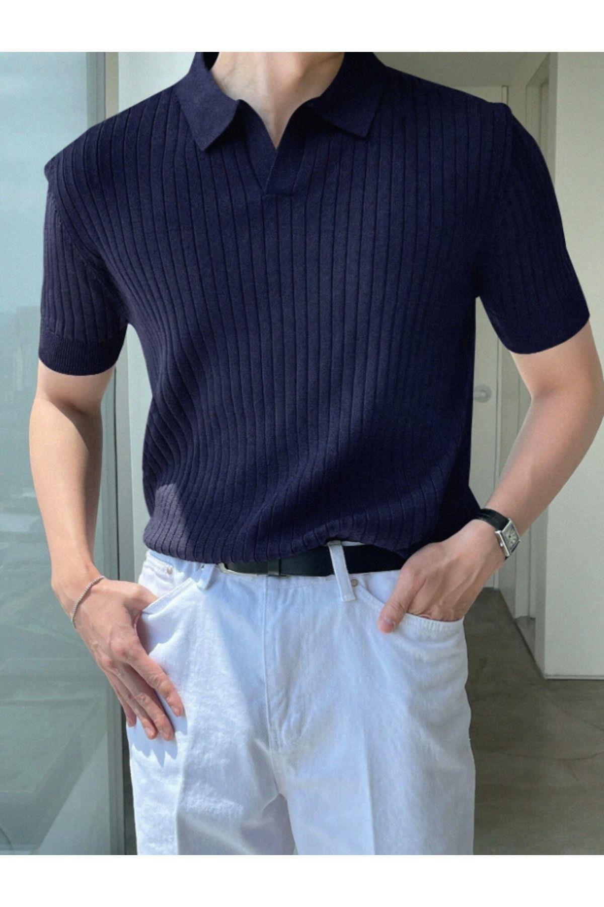 Lacivert Erkek Fitilli Polo Yaka Triko T-Shirt