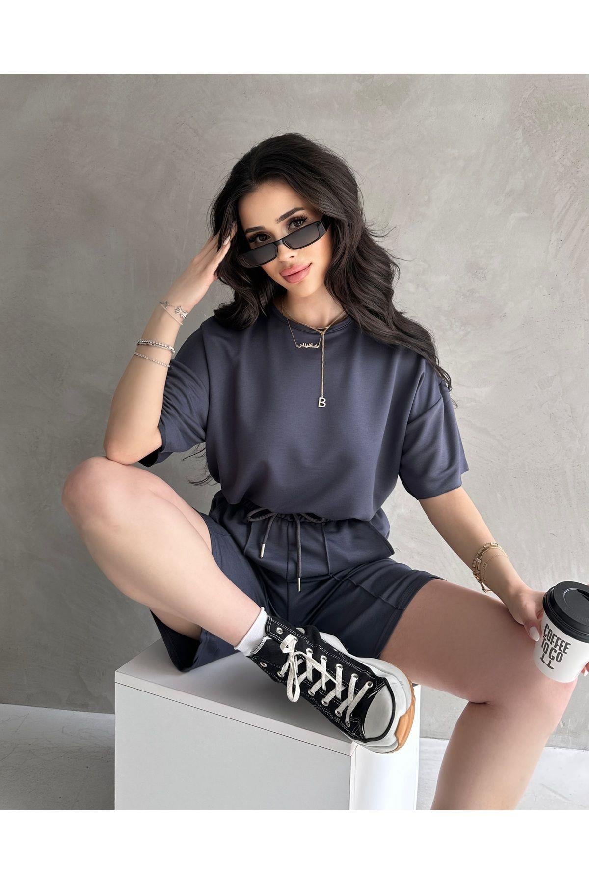 Kadın Modal Kumaş Oversize Kısa Kollu Kadın Eşofman Takımı, Şortlu, Bağcıklı Yumuşak Kumaş