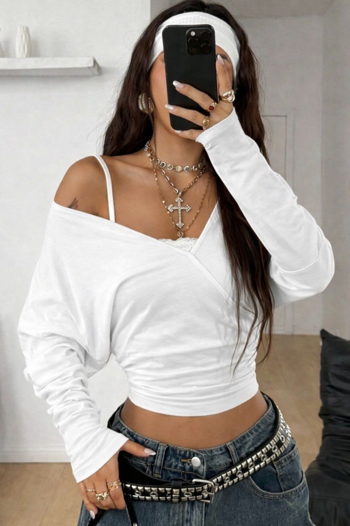 Kadın Kruvaze Yaka Uzun Kollu Crop Bluz