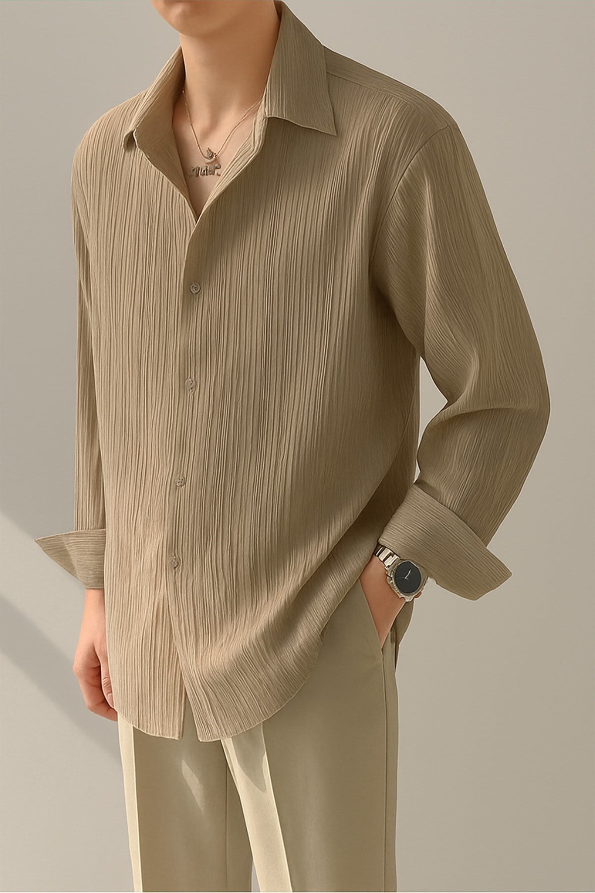 Erkek Bürümcük Slim Fit Gömlek Yaka Uzun Kollu Gömlek
