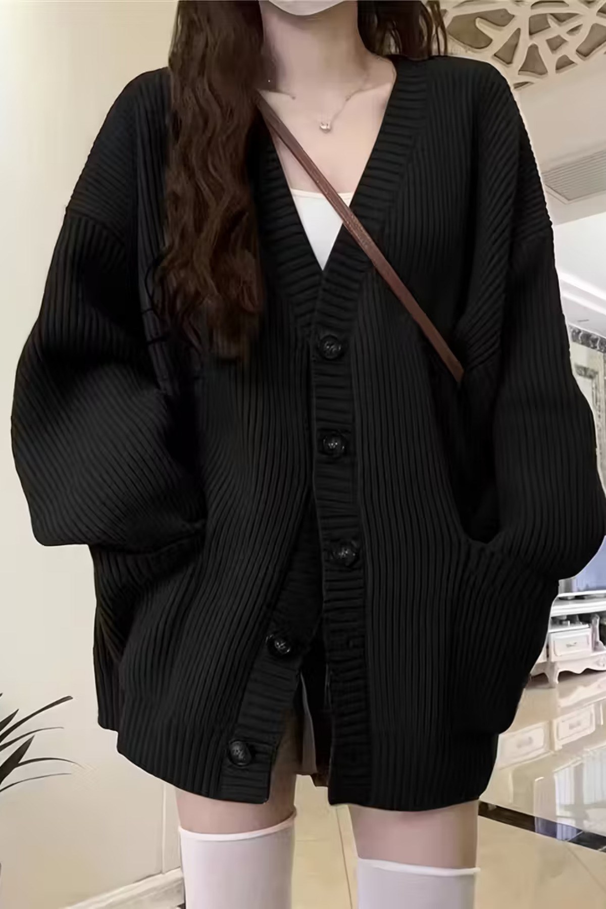 Kadın Oversize Cepli Düğmeli V Yaka Triko Hırka