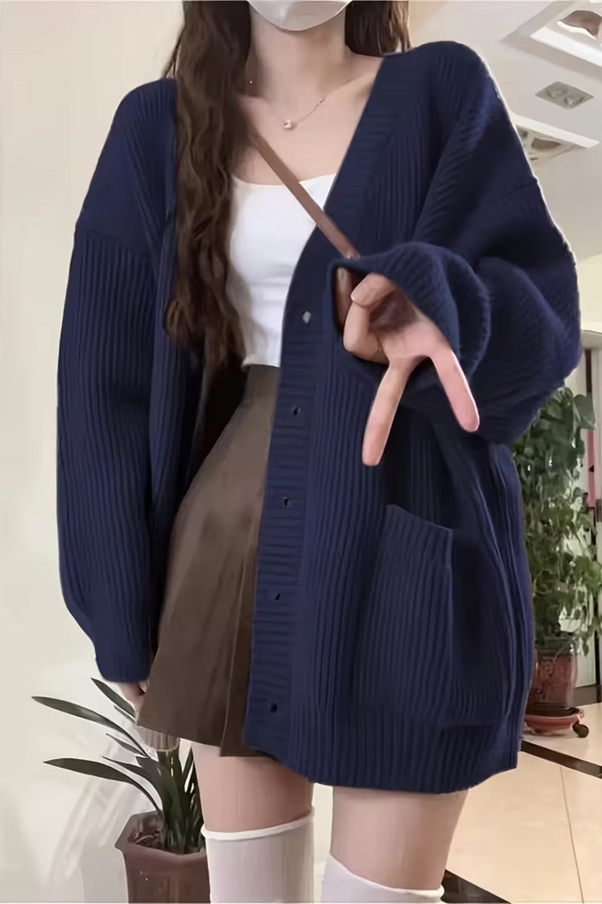 Kadın Oversize Cepli Düğmeli V Yaka Triko Hırka