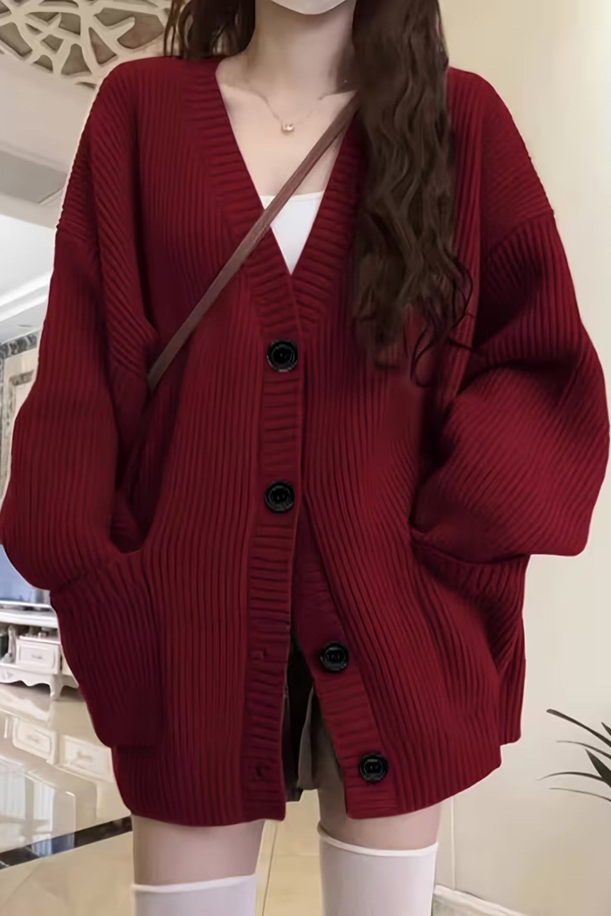 Kadın Oversize Cepli Düğmeli V Yaka Triko Hırka