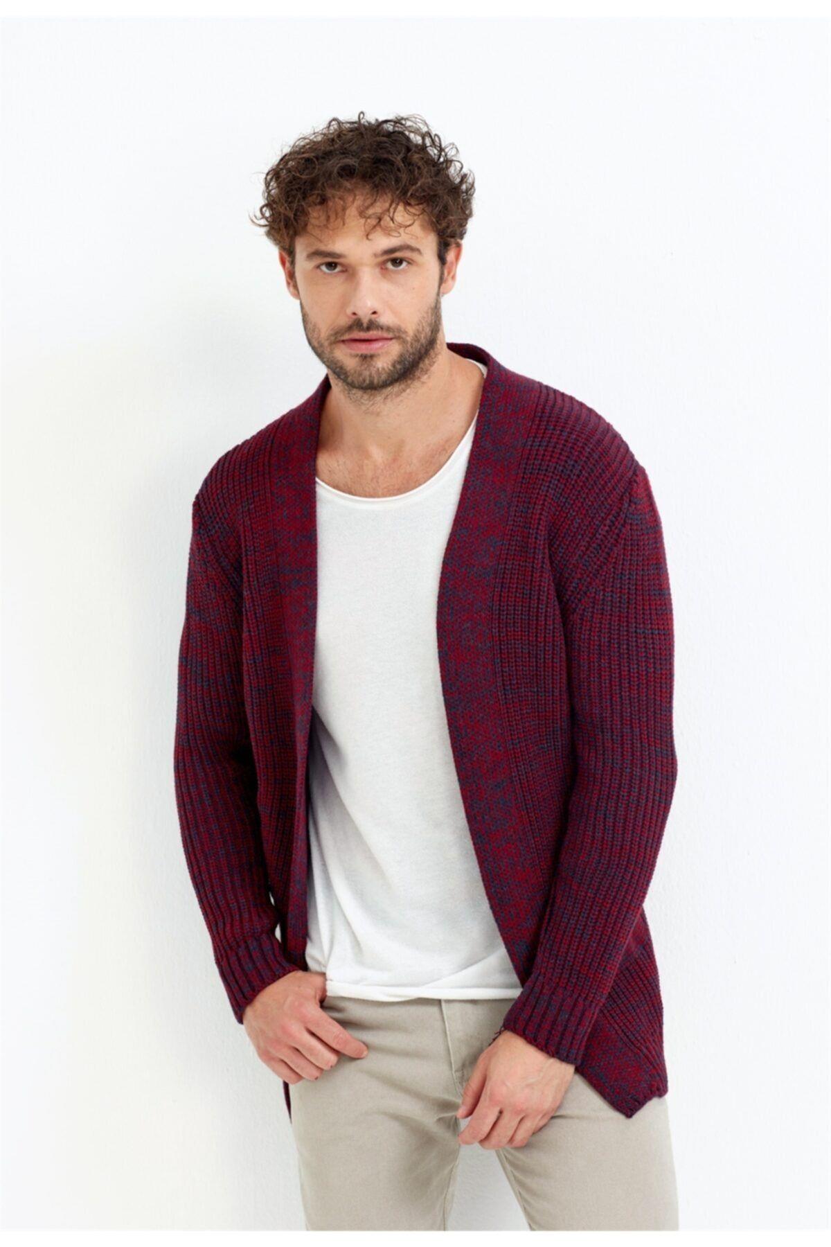 Erkek Bordo Melanjlı Kapşonlu Panço Hırka -mhrkz001r05