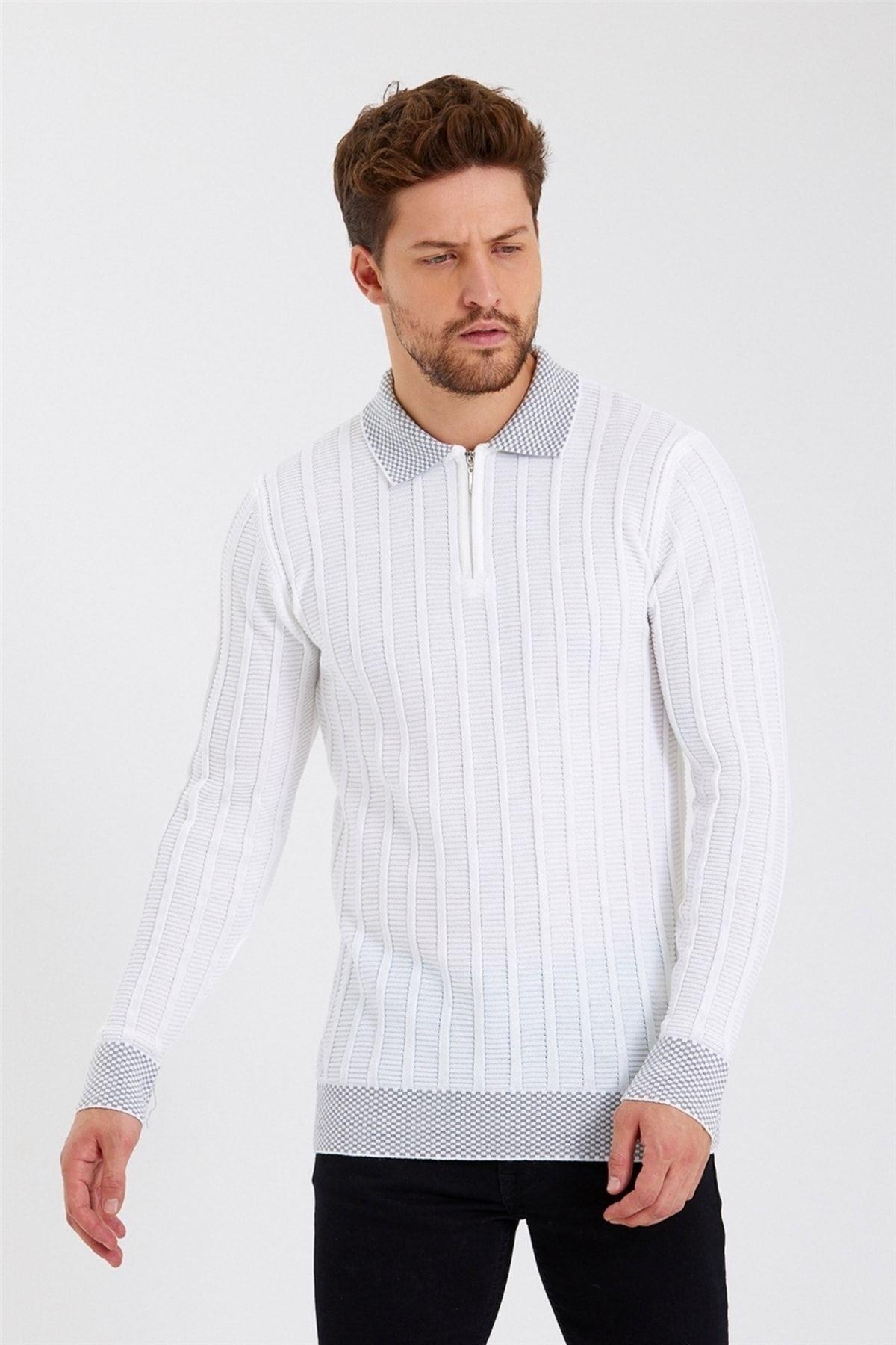 Erkek Krem Polo Yaka Desenli Çizgili Triko-trz1972r04s