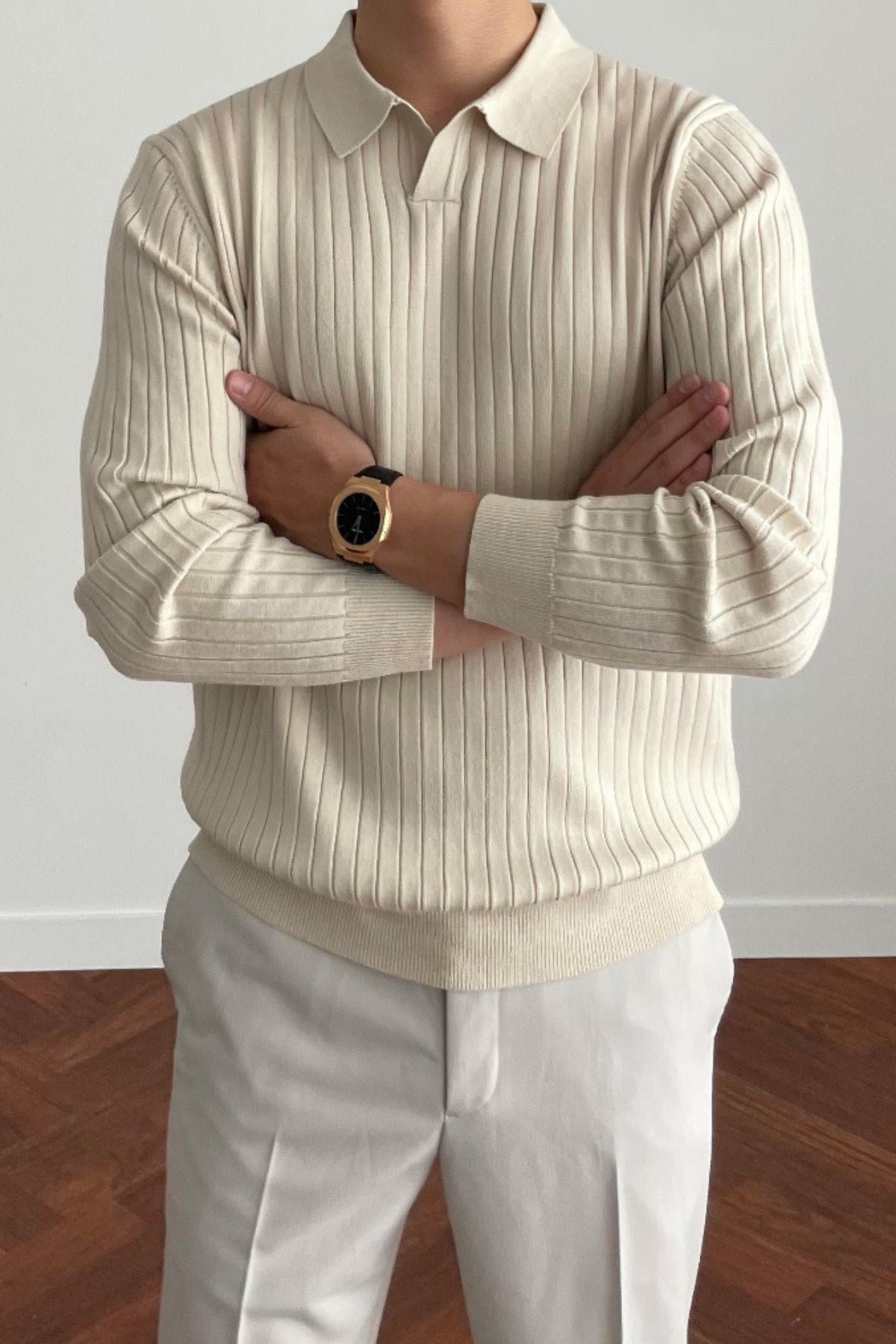 Erkek Bej Slim Fit Uzun Kollu Polo Yaka Triko Kazak