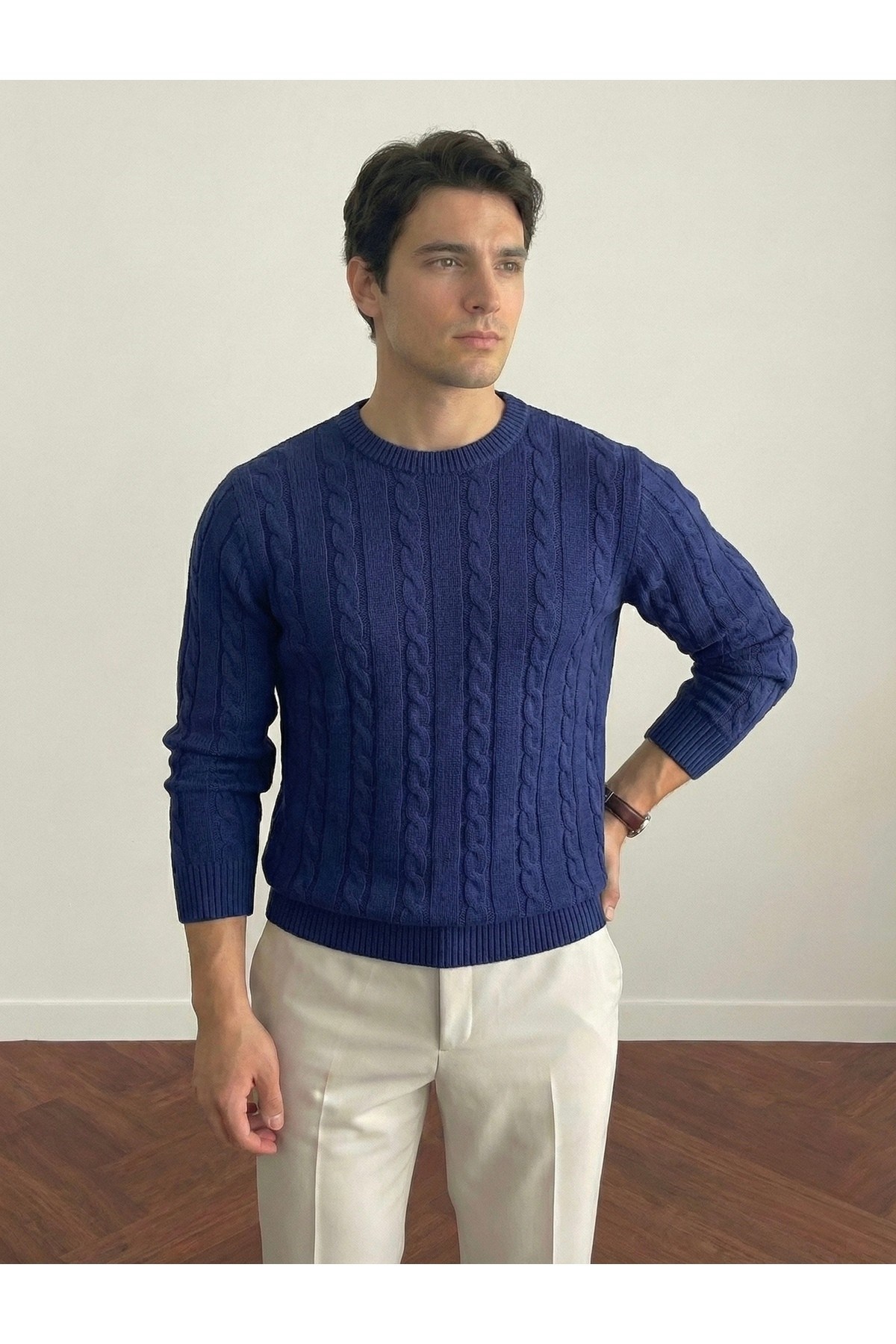 Erkek Bisiklet Yaka Slim Fit Saç Örgülü Triko Kazak
