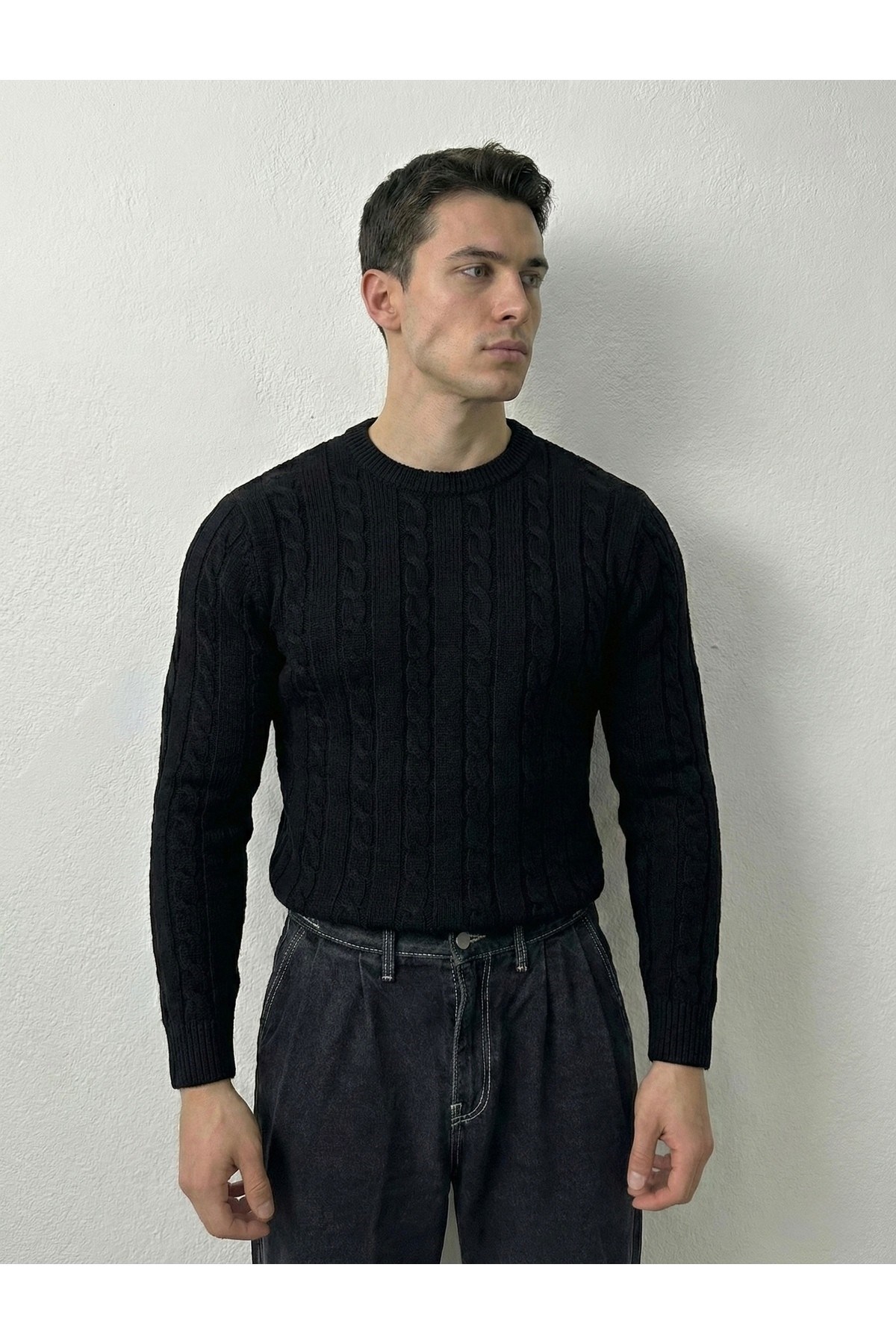 Erkek Bisiklet Yaka Slim Fit Saç Örgülü Triko Kazak