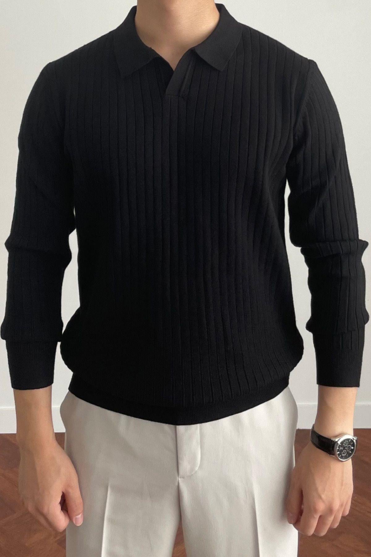Erkek Siyah Slim Fit Uzun Kollu Polo Yaka Triko Kazak