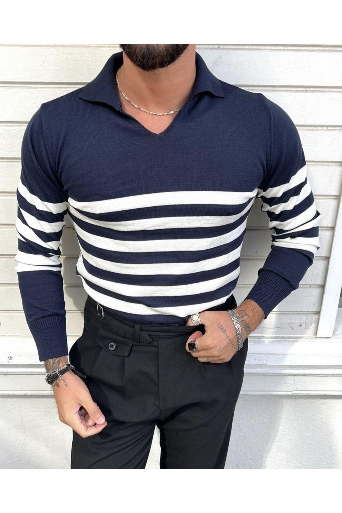 Lacivert Erkek Çizgili Polo Yaka Triko Kazak