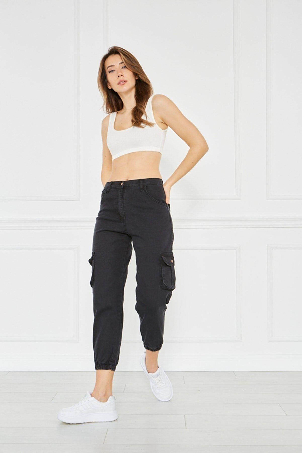 Kadın Bej Jogger Paça Lastikli Kargo Cepli Gabardin Kadın Pantolon Kadın Kargo