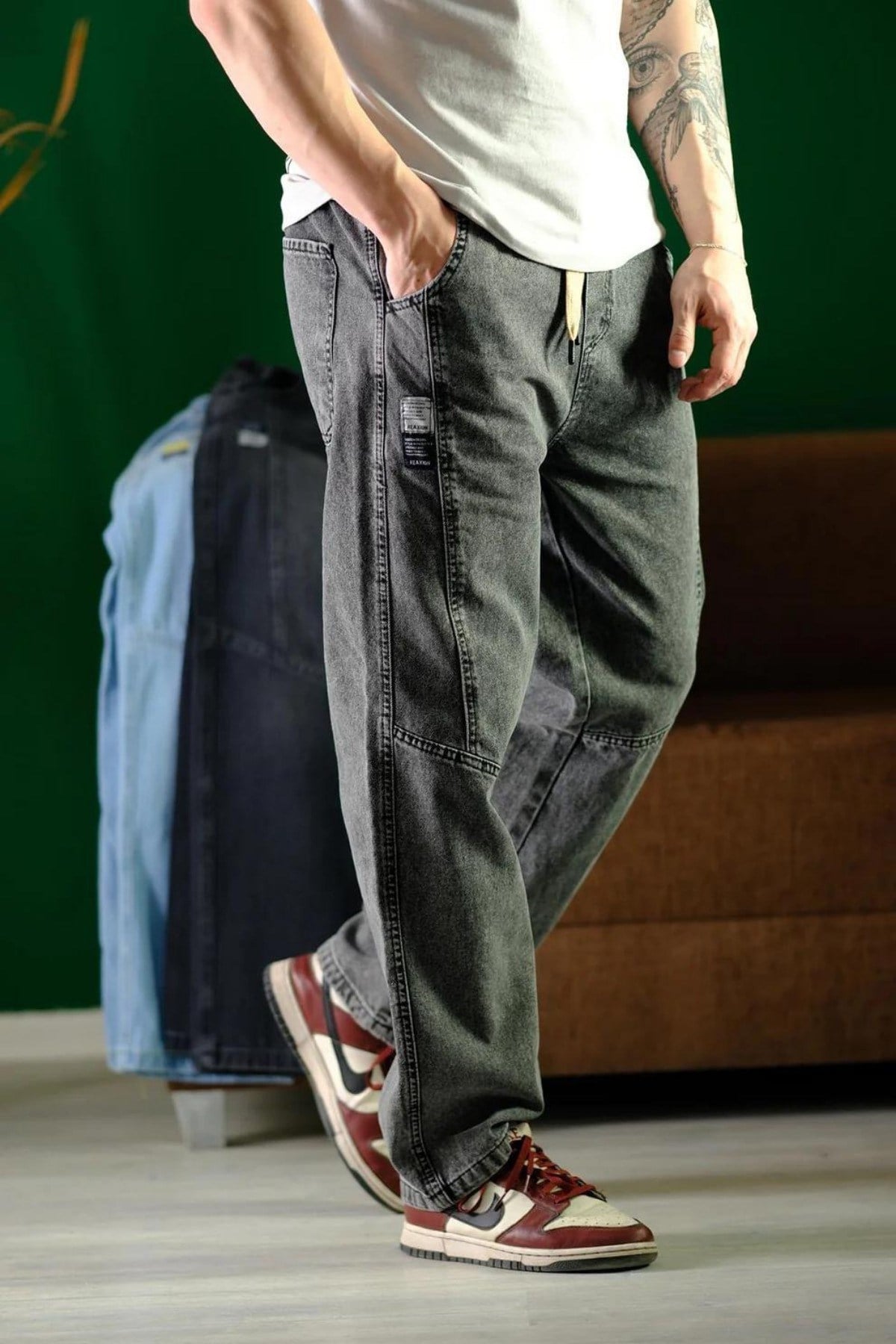 Erkek Bel Lastikli Bağcıklı Baggy Fit Jean Pantolon