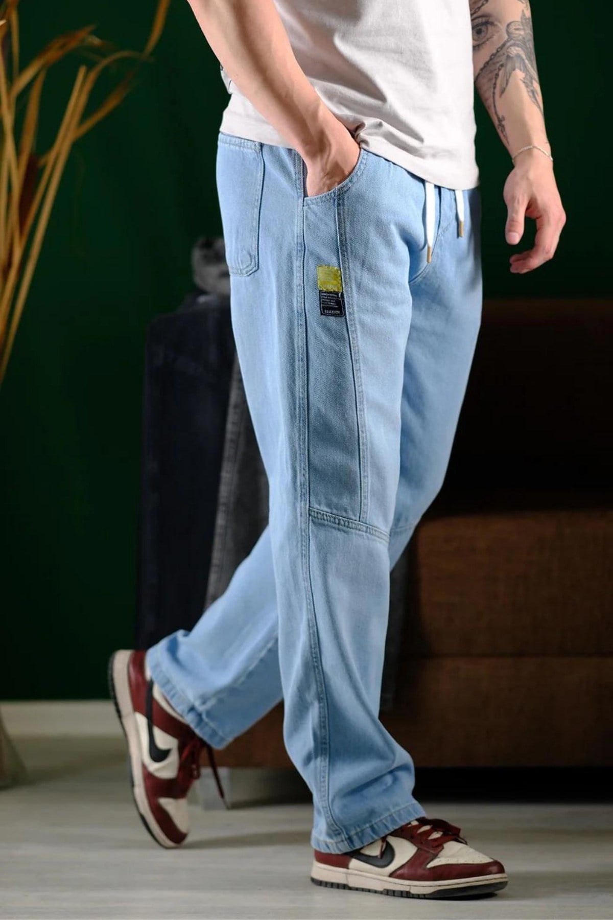 Erkek Bel Lastikli Bağcıklı Baggy Fit Jean Pantolon