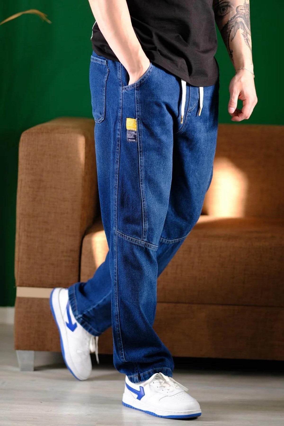 Erkek Bel Lastikli Bağcıklı Baggy Fit Jean Pantolon