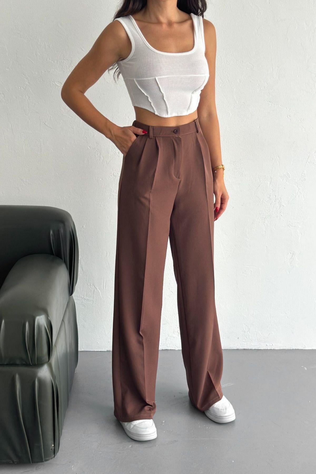 Kadın Kahverengi Double Bol Paça Palazzo Pantolon Kahverengi