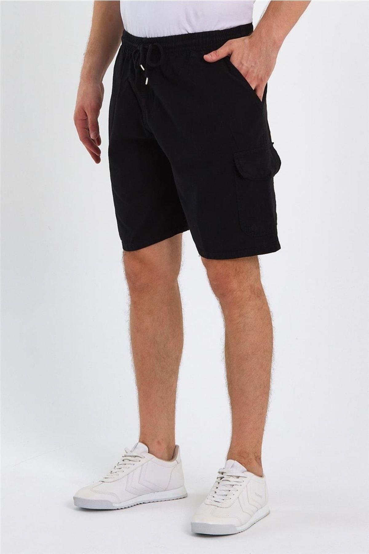 Erkek Siyah Kargo Cepli Regular Bağcıklı Keten Şort-crepesrt01r02s