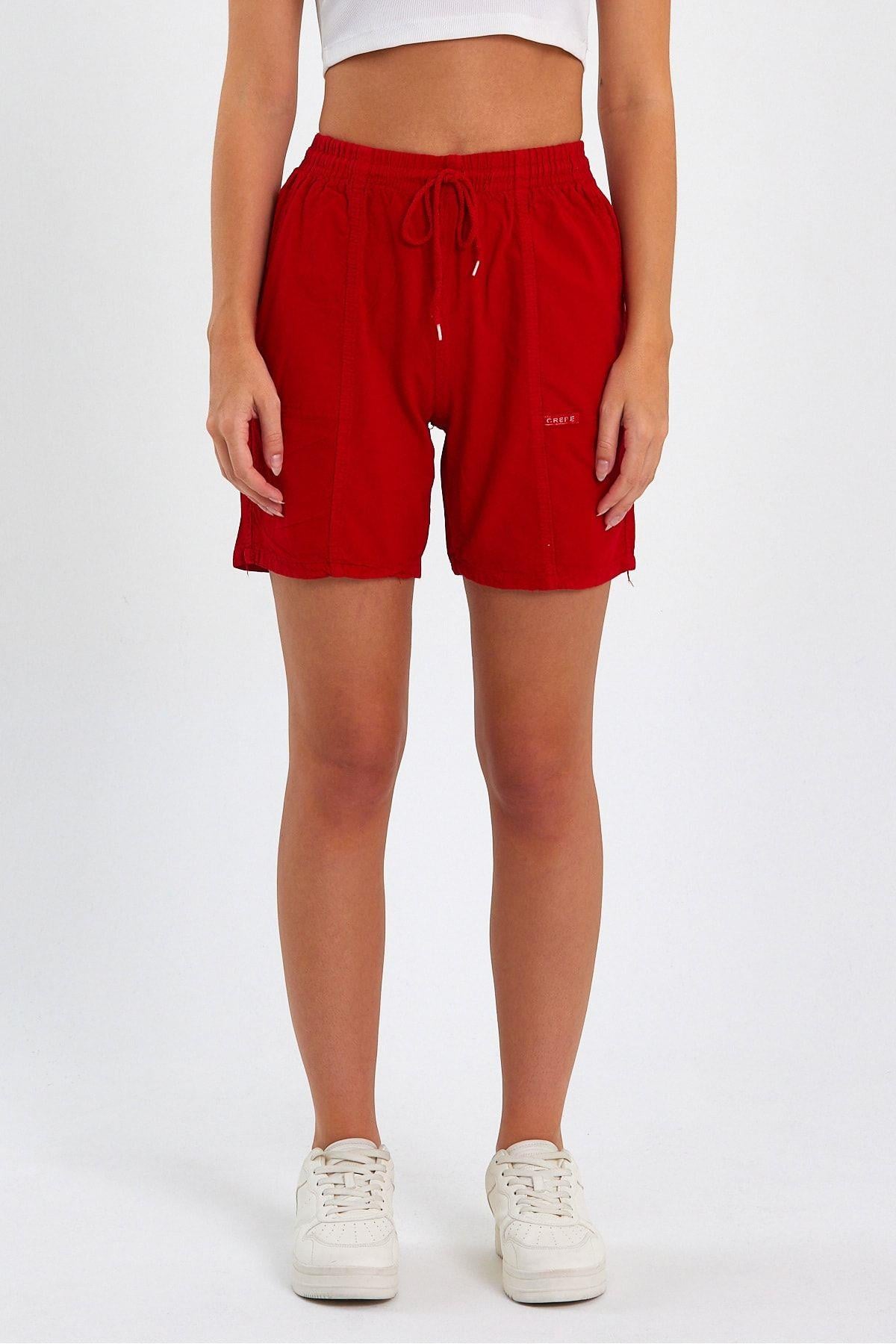 Kadın Kırmızı Rahat Kesim Keten Şort