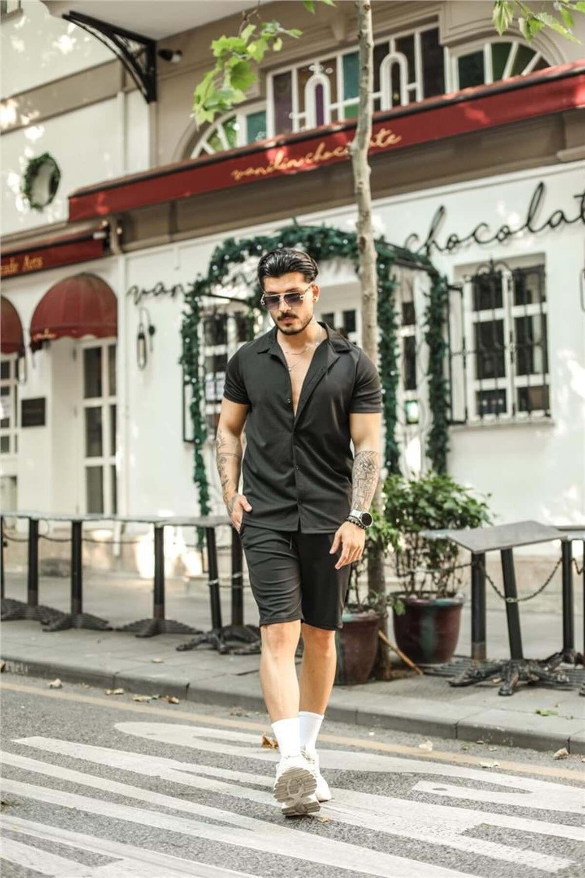Erkek Siyah Slim Fit Alt Üst Şort Takım-gmlksrt01r01s