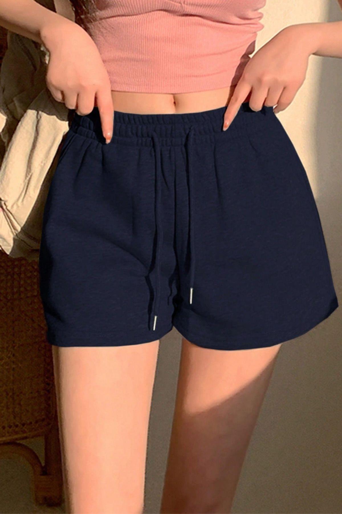 Kadın Lacivert Pamuklu İki İplik Şardonlu Yumuşacık Beli Gipe Lastikli Kısa Şort
