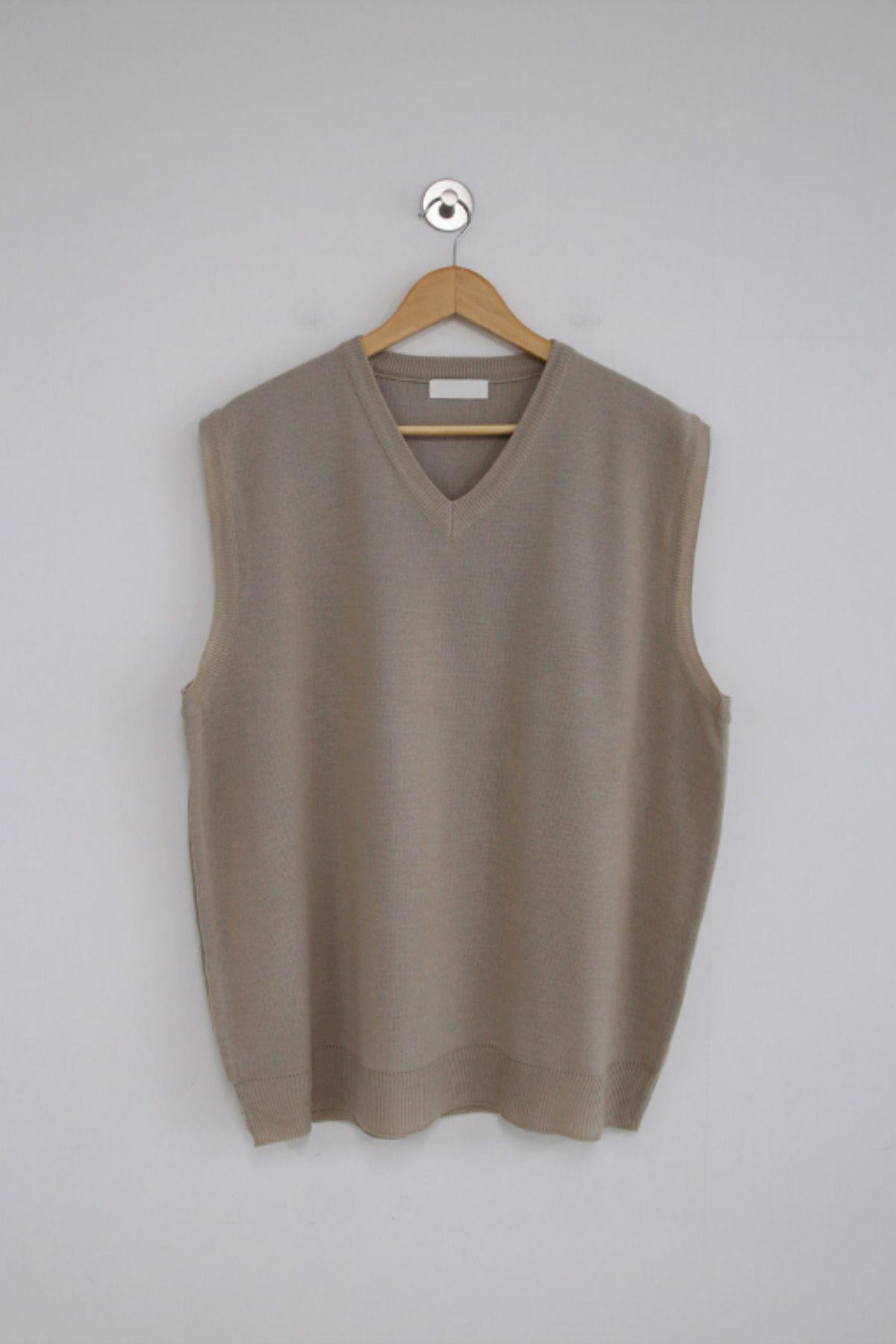 Erkek Kahverengi V Yaka Oversize Süveter
