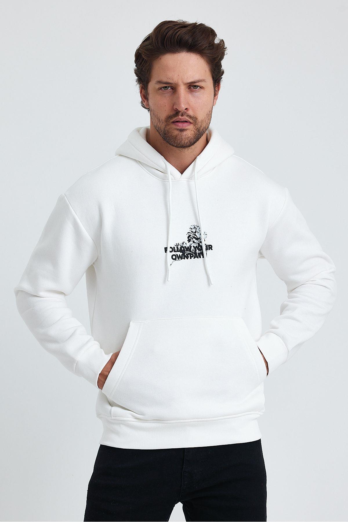 Erkek Regular Fit Yumuşacık Içi Polarlı Kordonlu Kapüşonlu Baskılı Sweatshirt