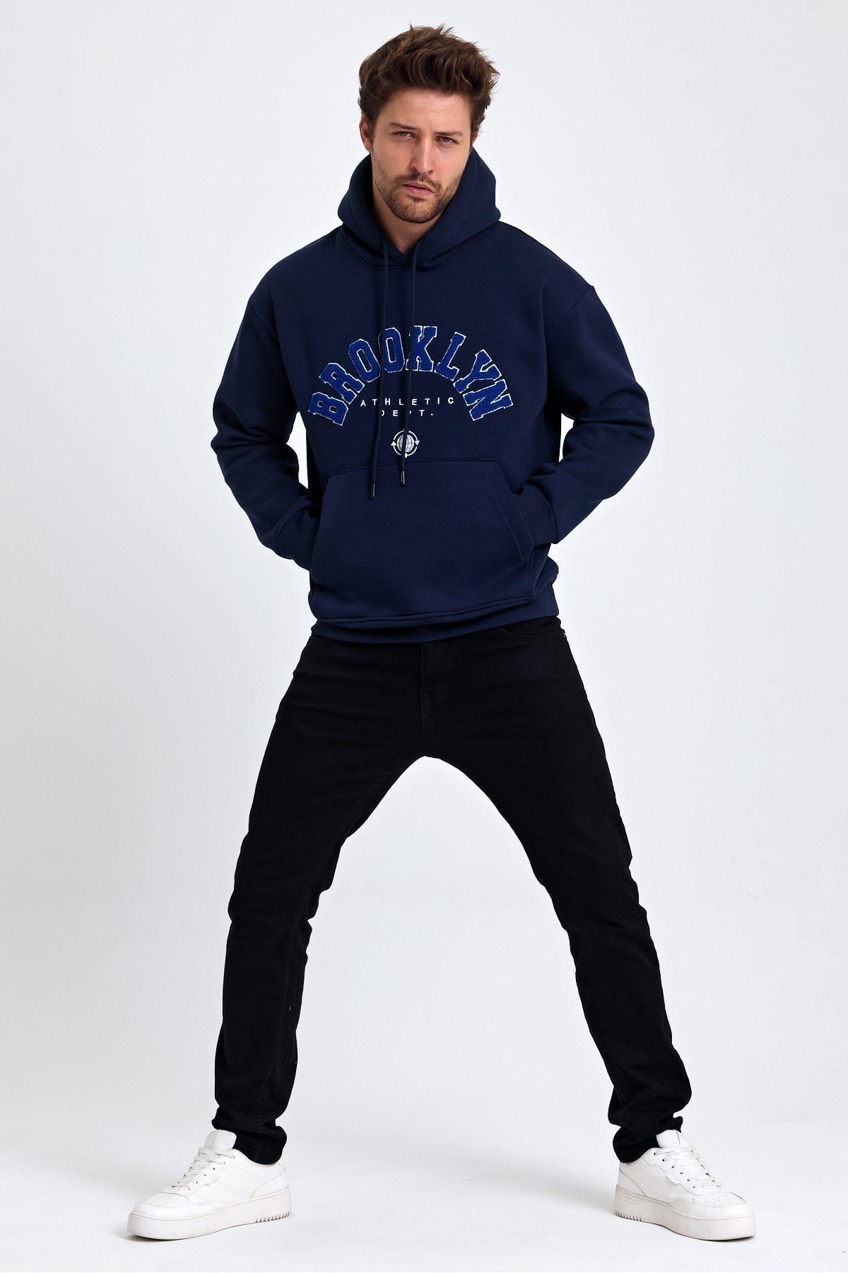 Erkek Yumusaçık Kumaşlı Kapüşonlu Kordonlu Regular Fit Baskılı Sweatshirt