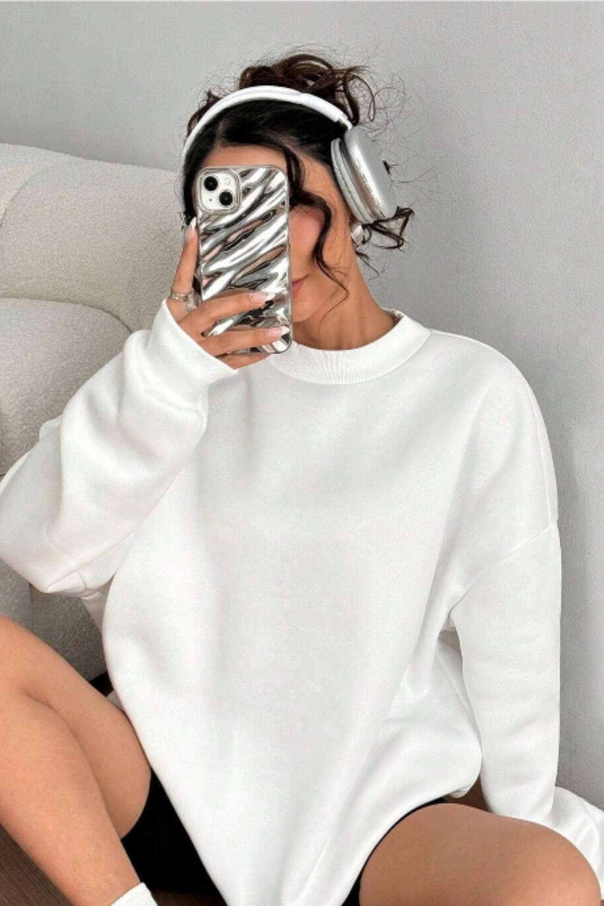 Kadın Bisiklet Yaka Basic Oversize Sweatshirt